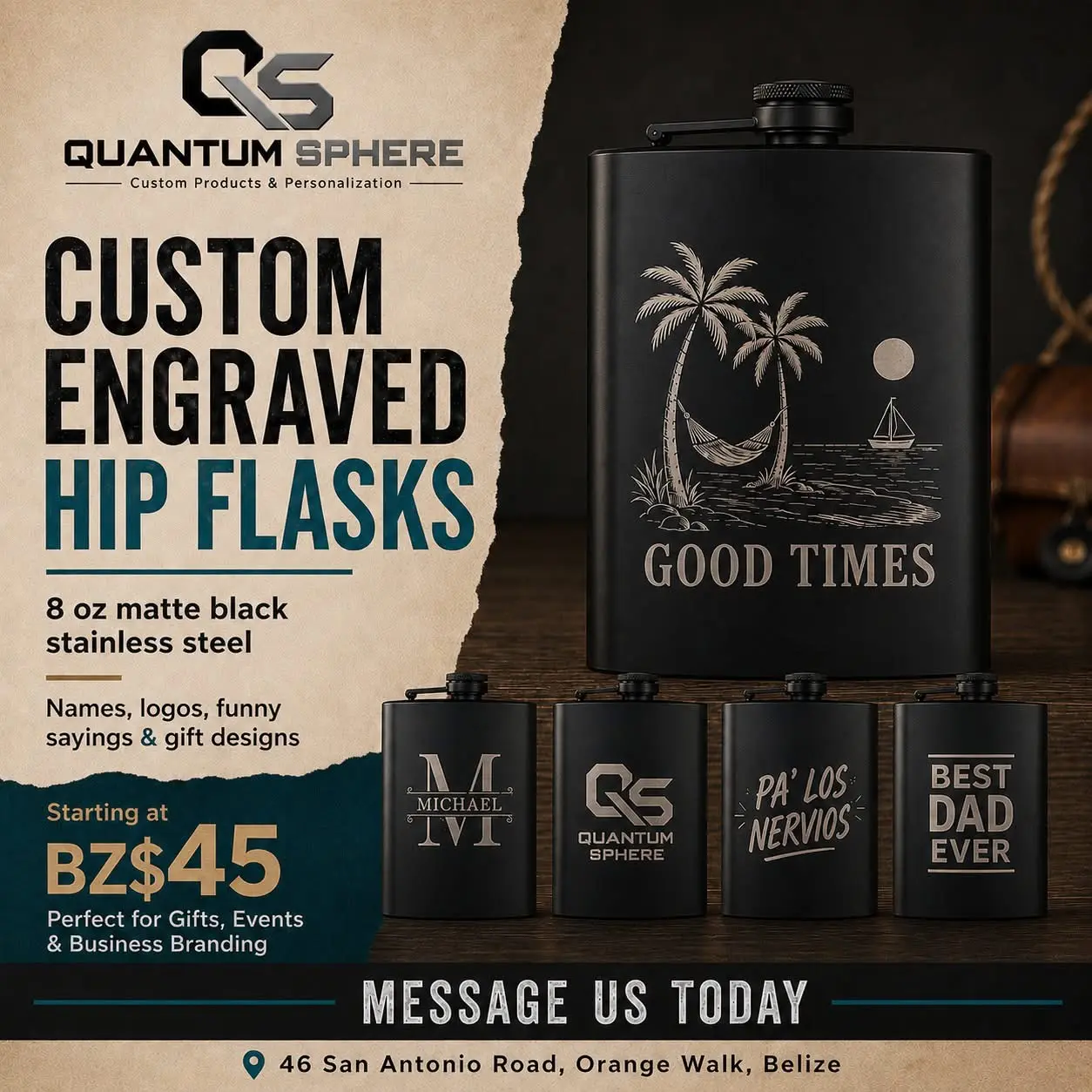 Custom Engraved Hip Flask by Quantum Sphere