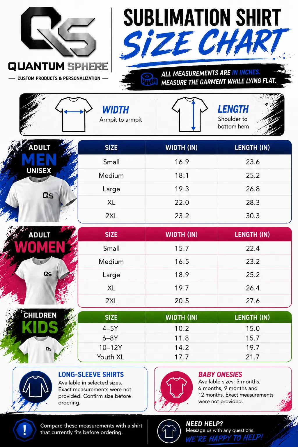 Quantum Sphere sublimation shirt size chart with English sizes and flat garment measurements